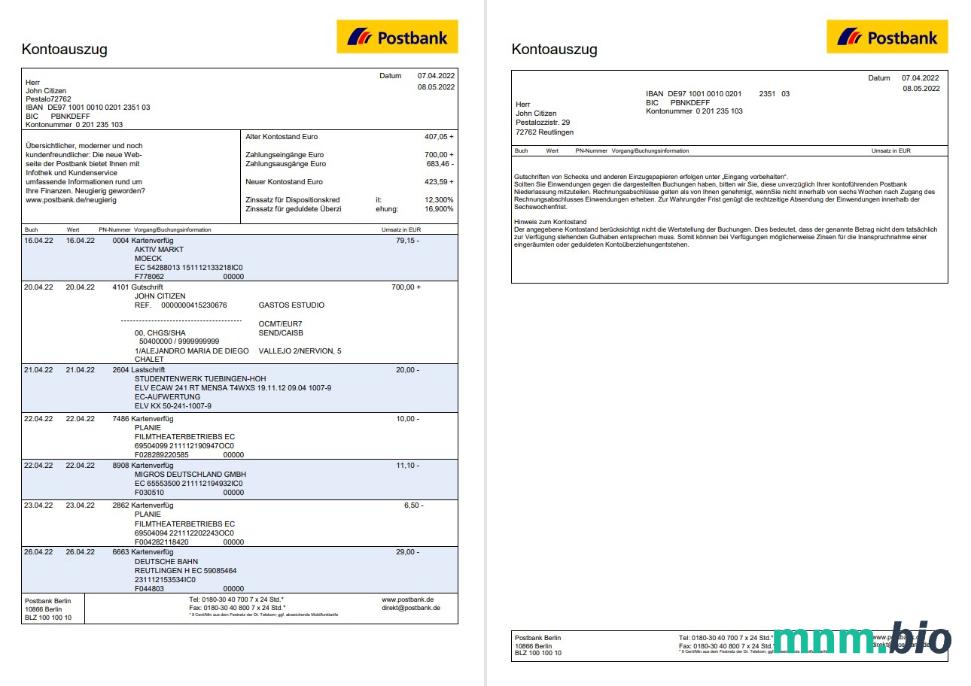Niemcy Postbank wyciąg bankowy, 6 stron